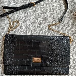 Black Croc-Embossed Clutch / Chain Shoulder Bag - Gold Hardware
